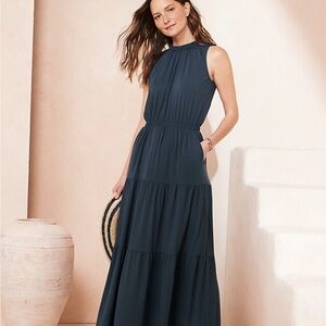 Garnet Hill Sleeveless Navy Tiered Maxi Dress